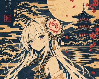 Könnte beinhalten: Eine digitale Illustration mit einer langhaarigen Figur in einem dunkelblauen Blumen-Kimono mit roten Akzenten. Der Hintergrund zeigt einen großen Mond, eine Pagode und Kirschblüten. Oben steht der Text NIPPON ARTWORKS mit japanischen Schriftzeichen.