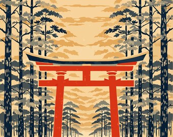 Könnte beinhalten: Ein vertikaler Kunstdruck mit einem leuchtend roten Torii-Tor, das mittig auf einem Steinpfad durch einen dunkelblauen Kiefernwald steht. Der Hintergrund ist in warmem Beige mit stilisierten Wolken gehalten. Oben rechts steht NIPPON ARTWORKS JAPAN REIMAGINED.