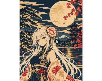 Könnte beinhalten: Ein vertikaler Wandkunstdruck mit einer langhaarigen Figur in einem dunkelblauen, floral gemusterten Kleidungsstück mit roten Akzenten. Der Hintergrund zeigt einen großen Vollmond, eine Pagode, einen Berggipfel und Kirschblütenzweige.