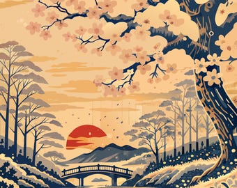 Könnte beinhalten: Ein digitaler Kunstdruck, der eine Landschaft mit einem Kirschblütenbaum im Vordergrund, einem Fluss, einer Brücke und einer roten Sonne am Horizont zeigt. Der Text NIPPON ARTWORKS JAPAN, REIMAGINED ist oben rechts in der Illustration zu sehen.