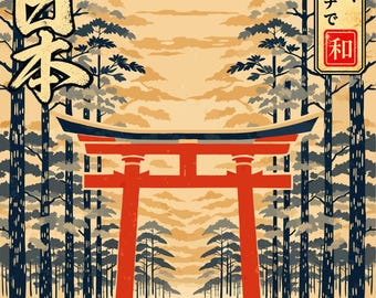 Könnte beinhalten: Ein Poster mit einem roten Torii-Tor, das mittig auf einem Steinpfad durch einen dunklen Wald steht. Der Text lautet NIPPON ARTWORKS JAPAN BEAUTY IN A NEW LIGHT, mit japanischen Schriftzeichen wie 日本 und einem roten Siegel mit dem Zeichen 和.