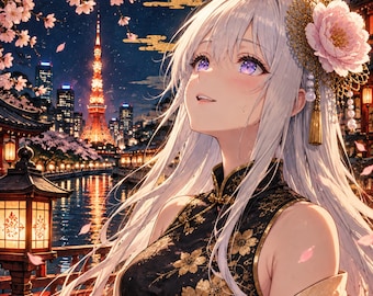 Könnte beinhalten: Eine Illustration im Anime-Stil mit einer Figur mit langem weißem Haar und violetten Augen, die ein schwarz-goldenes Blumenkleid mit einem rot-weiß gemusterten Überwurf trägt. Der Hintergrund zeigt eine nächtliche Stadtkulisse mit einem Turm, Kirschblüten und einem Vollmond. Der Text lautet NIPPON ARTWORKS JAPAN REIMAGINED.