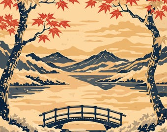Könnte beinhalten: Ein grafischer Kunstdruck, der eine Landschaft mit einem Steinpfad zeigt, der zu einer Brücke über Wasser führt, eingerahmt von zwei Bäumen mit roten Ahornblättern. Im Hintergrund sind Berge zu sehen. Der Text NIPPON ARTWORKS JAPAN REIMAGINED steht oben rechts.