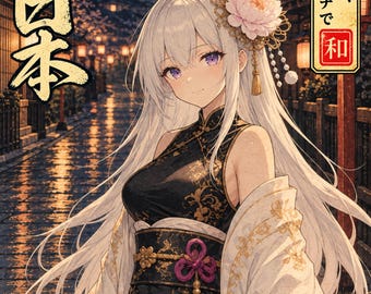 Könnte beinhalten: Eine Illustration im Anime-Stil mit einer Figur mit langem weißem Haar, die ein schwarz-gold gemustertes Kleid mit einem weißen Überwurf trägt. Der Text lautet NIPPON ARTWORKS JAPAN BEAUTY IN A NEW LIGHT, 日本, und 日本の美を、新しいカタチで 和.