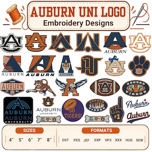 Könnte beinhalten: Eine Sammlung von Auburn University Stickmustern mit verschiedenen Logos, Tigermaskottchen, Footballs und Texten wie 'AUBURN UNI LOGO', 'AUBURN', 'GO TIGERS!' und 'MY DOG'. Das Bild zeigt die Größen 4", 5", 6", 7", 8" und Formate DST, PES, JEF, EXP, VP3, XXX, HUS, SEW.