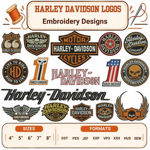 Könnte beinhalten: Eine Sammlung von Harley-Davidson Stickmustern mit verschiedenen Logos, Schildern, Totenköpfen und Texten. Das Bild zeigt mehrere kreisförmige und schildförmige Aufnäher in Orange, Schwarz und Weiß, mit Größenangaben von 4 bis 8 Zoll.