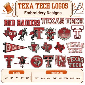 Puede incluir: Una colección de diseños de bordado de Texas Tech con la mascota Red Raiders, el logotipo de la doble T y contornos del estado de Texas en rojo, blanco y negro. La imagen incluye etiquetas de texto, un carrete de hilo, una aguja y especificaciones.