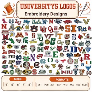 Könnte beinhalten: Eine digitale Sammlung von Universitätslogos für Stickmuster, die zahlreiche Embleme von College-Sportteams in verschiedenen Farben zeigt. Das Bild enthält den Text UNIVERSITYS LOGOS Embroidery Designs sowie Größenangaben von 4 bis 8 Zoll.