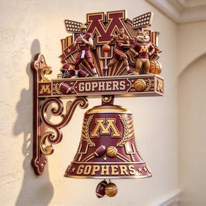 Minnesota Gophers Wall Hanging Bell Decor, NCAA College Sports Fan Wall Art, Goldy Gopher Mascot Wall Ornament, Game Room Man Cave Decor