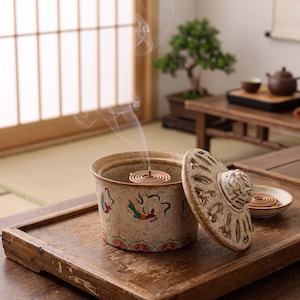 May include: A beige ceramic incense burner with a speckled finish and colorful painted motifs. The cylindrical container holds a burning brown coil, while a matching lid with intricate cutouts rests beside it on a wooden tray.
