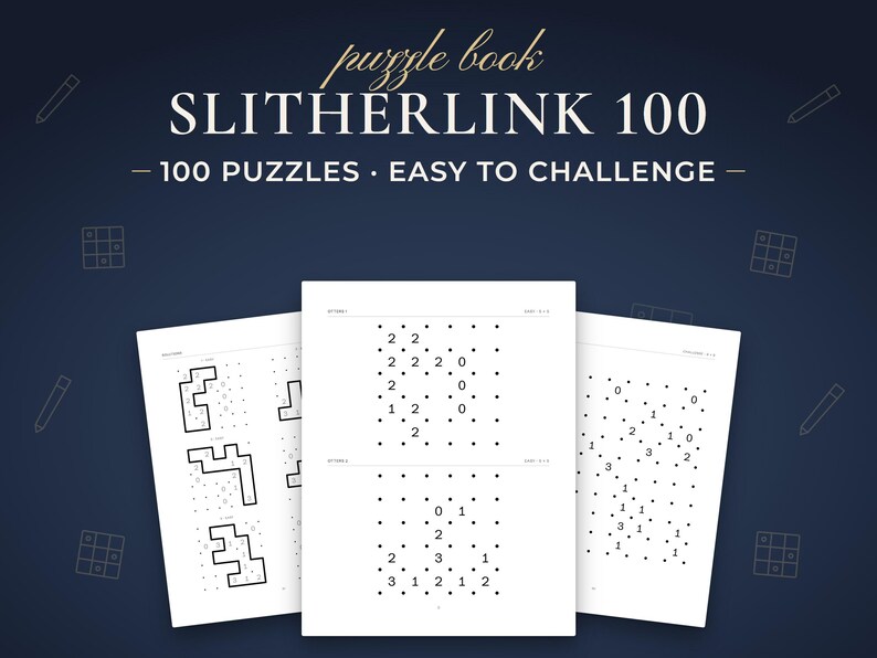 Slitherlink 100, 100 puzzles · easy to challenge. Real pages from the PDF you download.