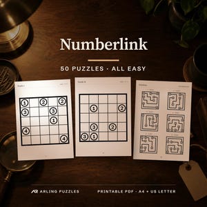 Libro de acertijos Numberlink, 50 acertijos de lógica fáciles (PDF A4 y tamaño carta estadounidense)