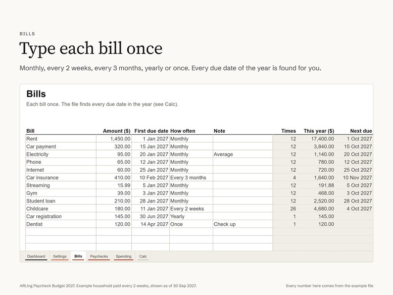 Paycheck Budget Spreadsheet for Excel 2027, Biweekly and Weekly Budget by Paycheck, Bill Tracker Sorted by Due Date, Budget Template
