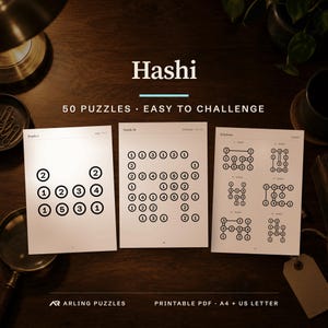 Cover with a real puzzle page. 50 printable Hashi puzzles, easy to challenge. PDF for A4 and US Letter, all solutions included.