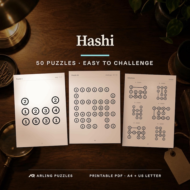 Cover with a real puzzle page. 50 printable Hashi puzzles, easy to challenge. PDF for A4 and US Letter, all solutions included.