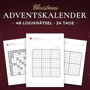 Adventskalender, 48 Logikrätsel · 24 Tage. Real pages from the PDF you download.