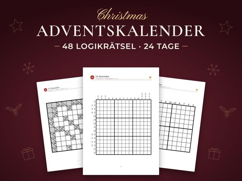 Adventskalender, 48 Logikrätsel · 24 Tage. Real pages from the PDF you download.
