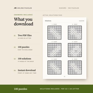 A real solutions page. 100 printable Kakuro puzzles, easy to challenge. PDF for A4 and US Letter, all solutions included.