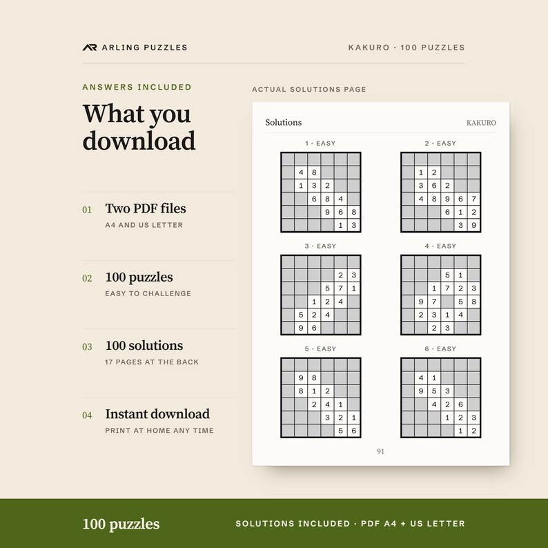A real solutions page. 100 printable Kakuro puzzles, easy to challenge. PDF for A4 and US Letter, all solutions included.