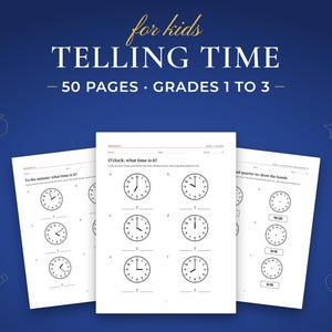 Telling Time, 50 pages · grades 1 to 3. Real pages from the PDF you download.
