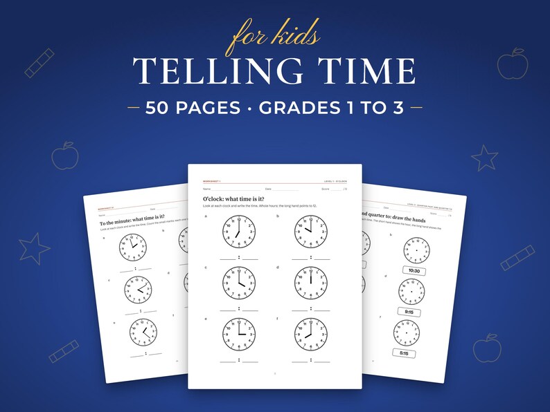 Telling Time, 50 pages · grades 1 to 3. Real pages from the PDF you download.