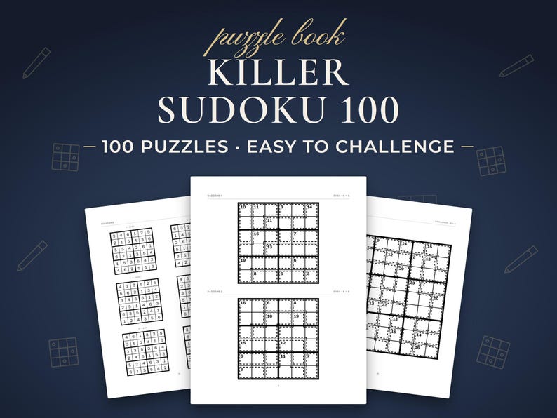 Killer Sudoku 100, 100 puzzles · easy to challenge. Real pages from the PDF you download.