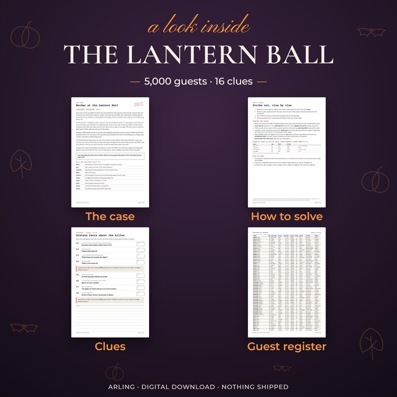 The Lantern Ball. 5,000 guests · 16 clues. The case. How to solve. Clues. Guest register.