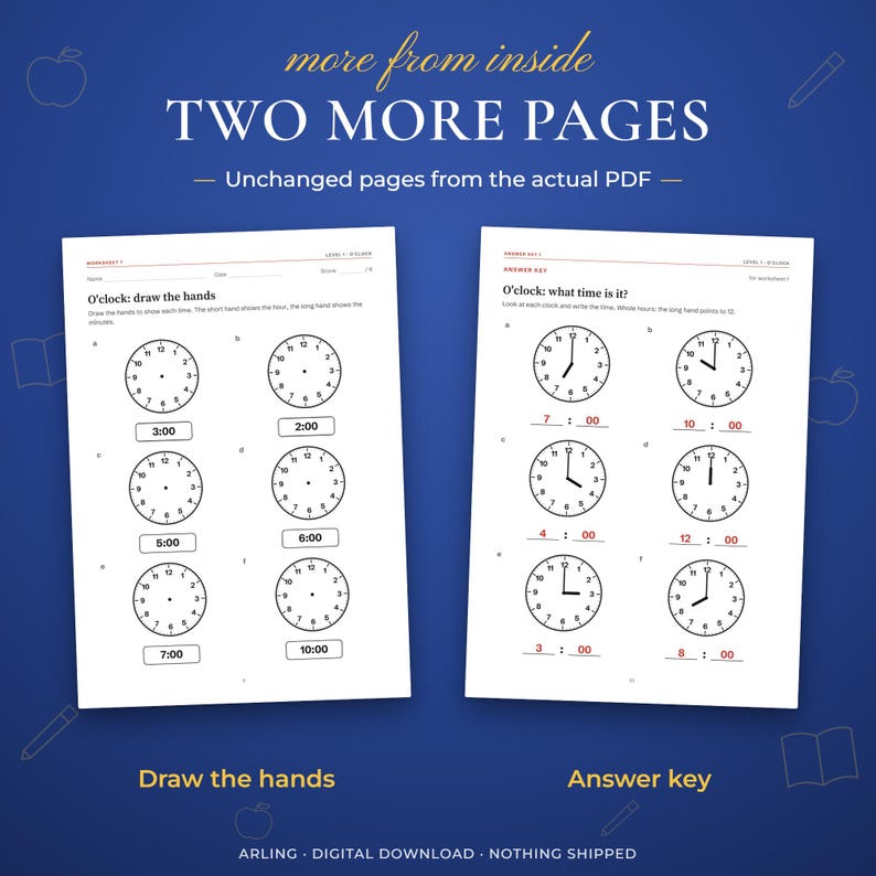 Two more pages. Unchanged pages from the actual PDF. Draw the hands. Answer key.