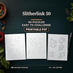 Slitherlink 50. 50 puzzles, easy to challenge. Printable PDF. Real pages on a desk: puzzles 1 and 2, easy, puzzle 50, challenge and a solutions page.