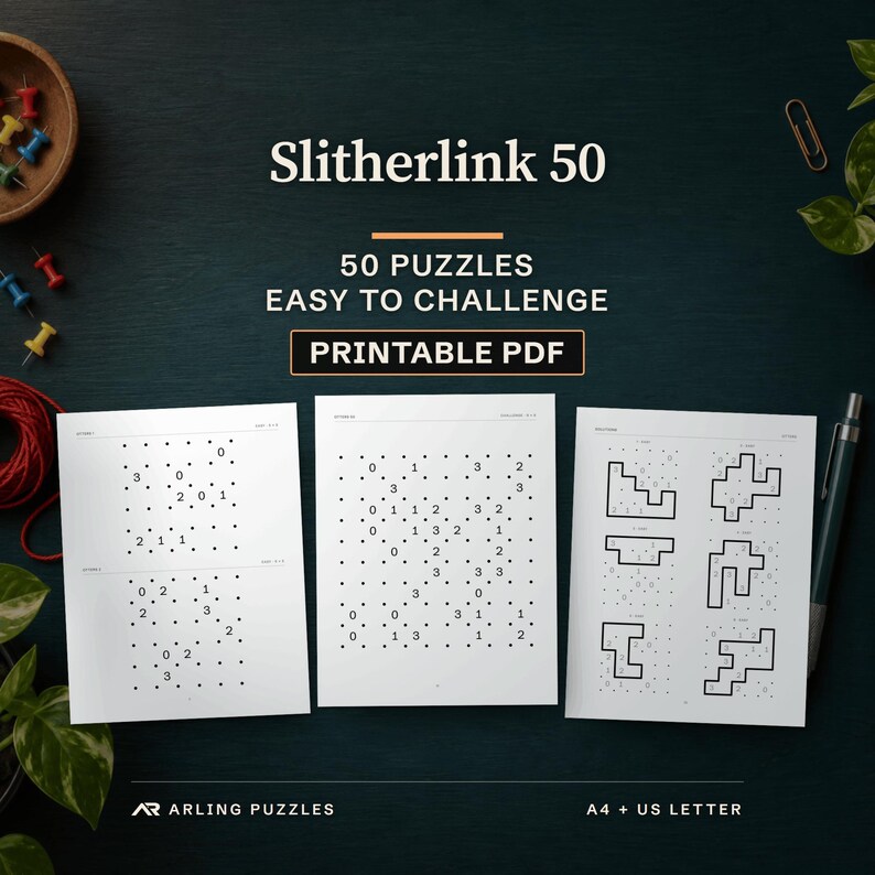 Slitherlink 50. 50 puzzles, easy to challenge. Printable PDF. Real pages on a desk: puzzles 1 and 2, easy, puzzle 50, challenge and a solutions page.