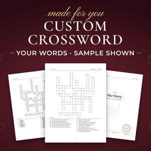 Custom crossword made from your own words, printable PDF: the sample puzzle page in the middle, the cover and the solution on the sides