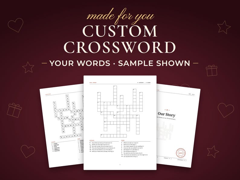 Custom crossword made from your own words, printable PDF: the sample puzzle page in the middle, the cover and the solution on the sides