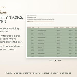 Ultimate Wedding Planner, the Checklist tab with example data. Enter your wedding date once. Every task gets a due date, from twelve months out to the day. Mark it done and your progress moves.