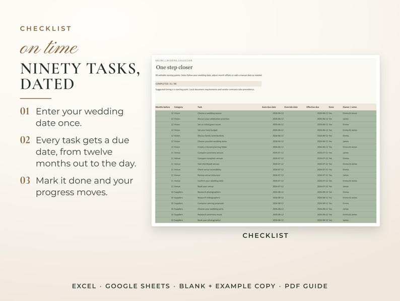 Ultimate Wedding Planner, the Checklist tab with example data. Enter your wedding date once. Every task gets a due date, from twelve months out to the day. Mark it done and your progress moves.