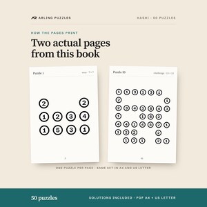 Two real pages from the book. 50 printable Hashi puzzles, easy to challenge. PDF for A4 and US Letter, all solutions included.