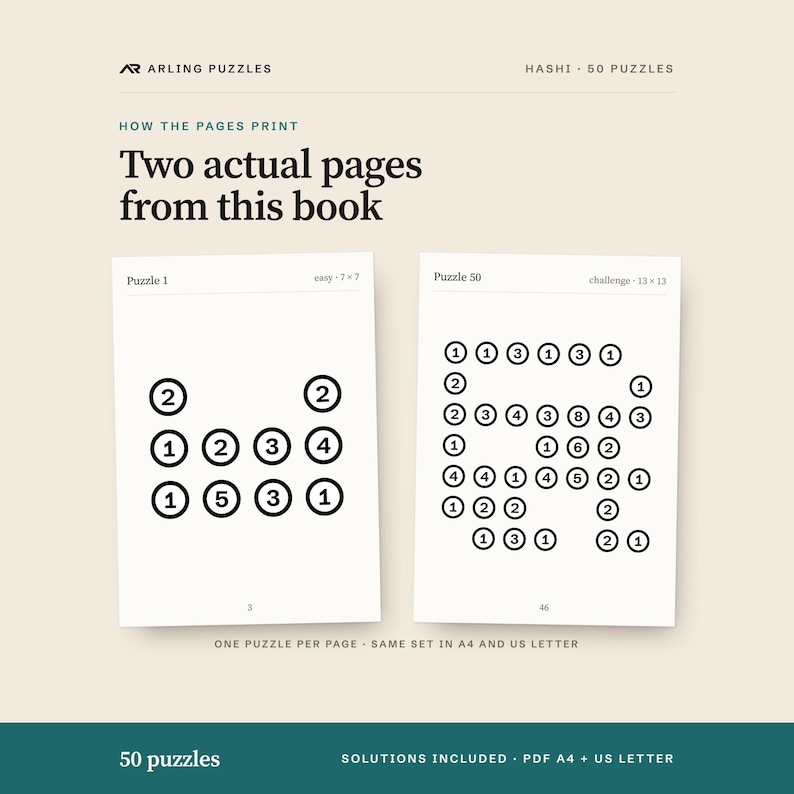 Two real pages from the book. 50 printable Hashi puzzles, easy to challenge. PDF for A4 and US Letter, all solutions included.