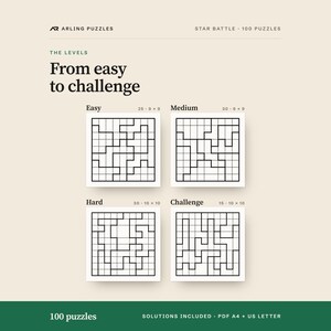 The levels shown as real grids. 100 printable Star Battle puzzles, easy to challenge. PDF for A4 and US Letter, all solutions included.