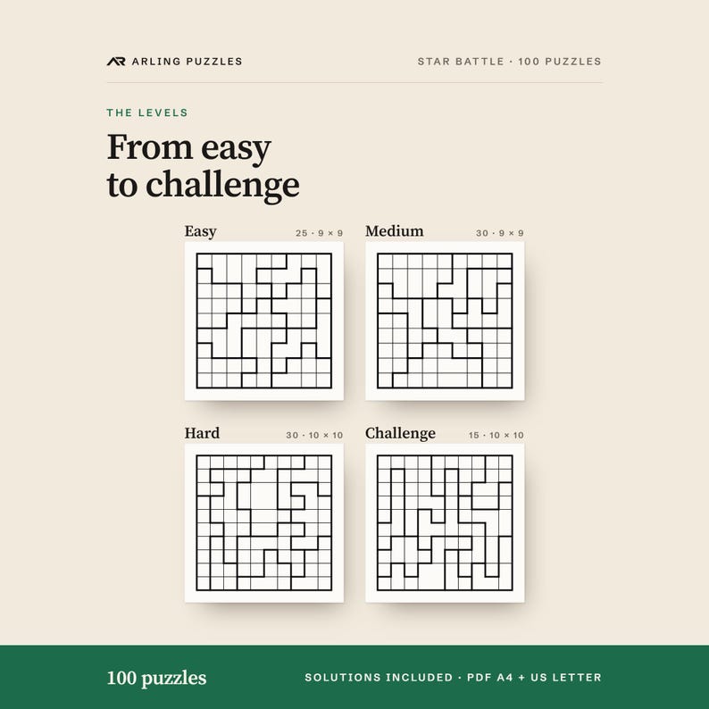 The levels shown as real grids. 100 printable Star Battle puzzles, easy to challenge. PDF for A4 and US Letter, all solutions included.
