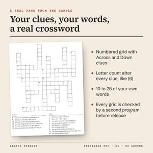 Close-up of a real puzzle page from the sample crossword: a numbered grid with Across and Down clues written by the buyer, such as City where we had our honeymoon and Name of our first dog