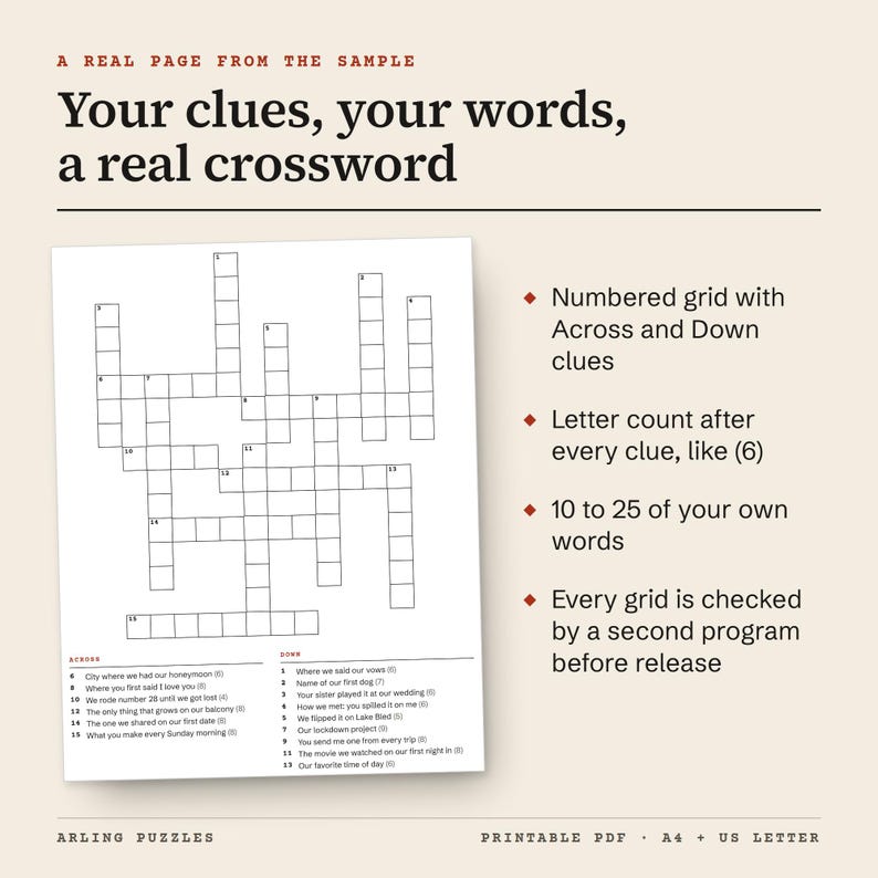 Close-up of a real puzzle page from the sample crossword: a numbered grid with Across and Down clues written by the buyer, such as City where we had our honeymoon and Name of our first dog