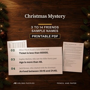 Personalized Christmas murder mystery puzzle, printable PDF. Real pages from the sample case on a desk: a close-up of the clue page where sample friends Oliver Finch, Sophie Marlow and Jack Rowan are the witnesses, a story and a register page.