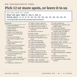 How personalization works: type your children’s names and ages, and 12 or more numbers from this Hiding Spot Menu of 50 spots grouped by room, or leave it empty for our 16 everyday spots marked with a star