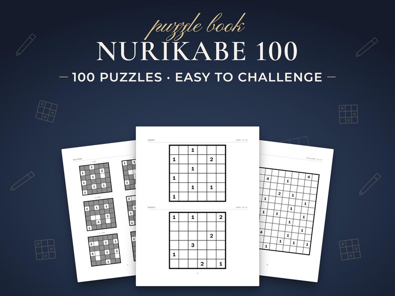 Nurikabe 100, 100 puzzles · easy to challenge. Real pages from the PDF you download.