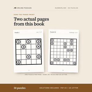 Two real pages from the book. 50 printable Numberlink puzzles, easy to challenge, large print. PDF for A4 and US Letter, all solutions included.