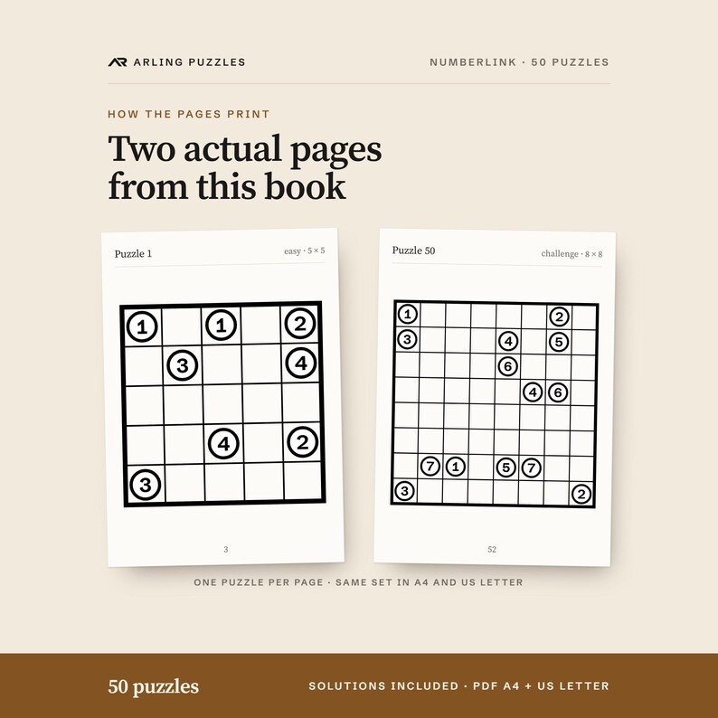 Two real pages from the book. 50 printable Numberlink puzzles, easy to challenge, large print. PDF for A4 and US Letter, all solutions included.