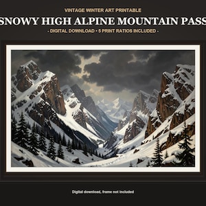 Puede incluir: Una impresión de arte digital titulada VINTAGE WINTER ART PRINTABLE SNOWY HIGH ALPINE MOUNTAIN PASS DIGITAL DOWNLOAD 5 PRINT RATIOS INCLUDED. La imagen muestra picos montañosos nevados, nubes oscuras y árboles de hoja perenne.