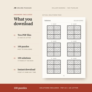 A real solutions page. 100 printable Killer Sudoku puzzles, easy to challenge. PDF for A4 and US Letter, all solutions included.