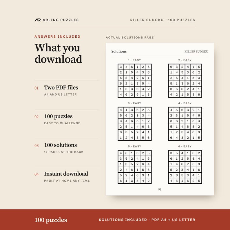 A real solutions page. 100 printable Killer Sudoku puzzles, easy to challenge. PDF for A4 and US Letter, all solutions included.