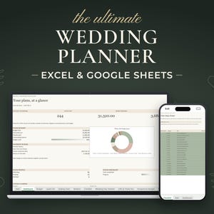 Foglio di calcolo definitivo per la pianificazione del matrimonio, strumento per il monitoraggio del budget, lista degli invitati con conferma di partecipazione, disposizione dei posti a sedere, lista di controllo, in formato Excel e Google Sheets. immagine 1