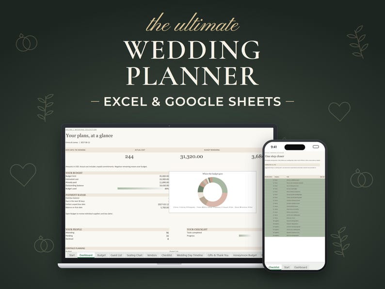 Foglio di calcolo definitivo per la pianificazione del matrimonio, strumento per il monitoraggio del budget, lista degli invitati con conferma di partecipazione, disposizione dei posti a sedere, lista di controllo, in formato Excel e Google Sheets. immagine 1